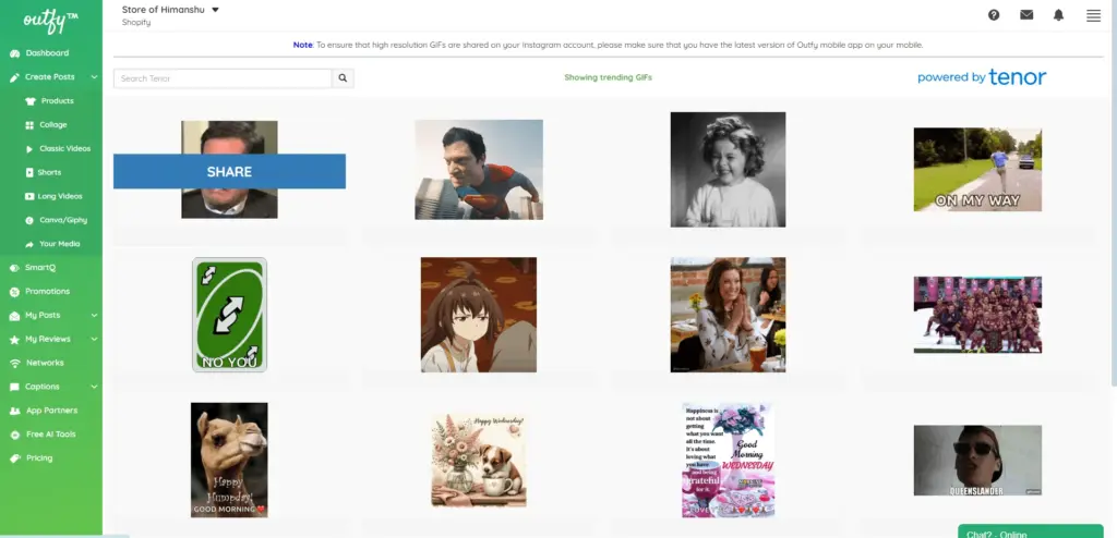 Choose or select to share Tenor Gif through Outfy