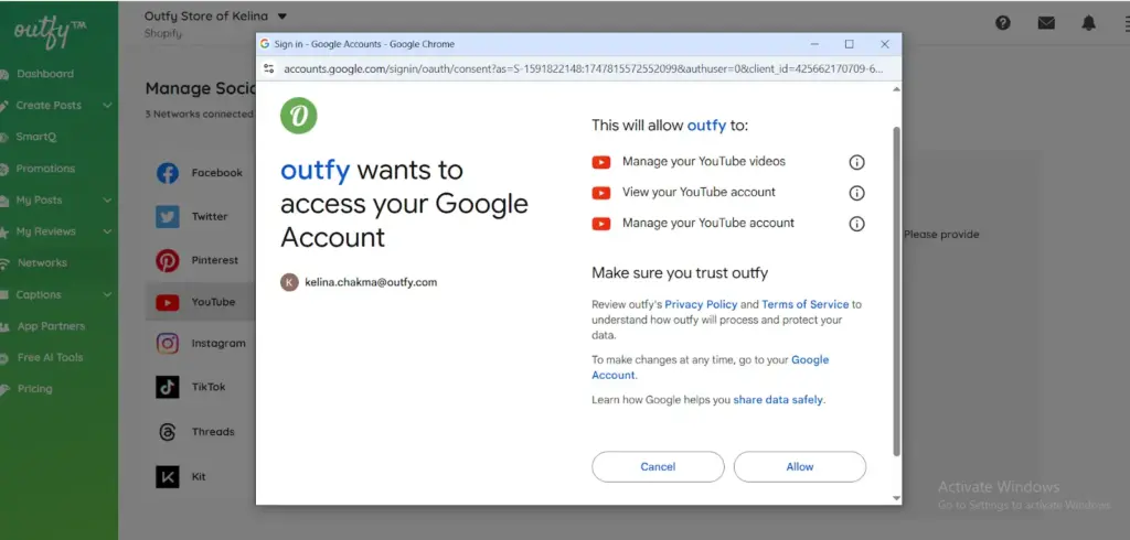 Connect outfy to Youtube