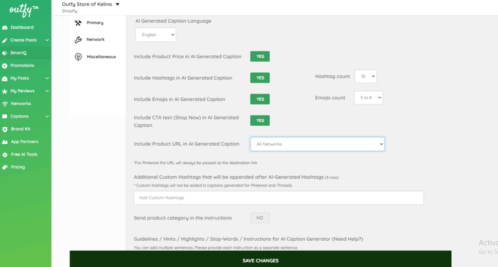 Captions settings