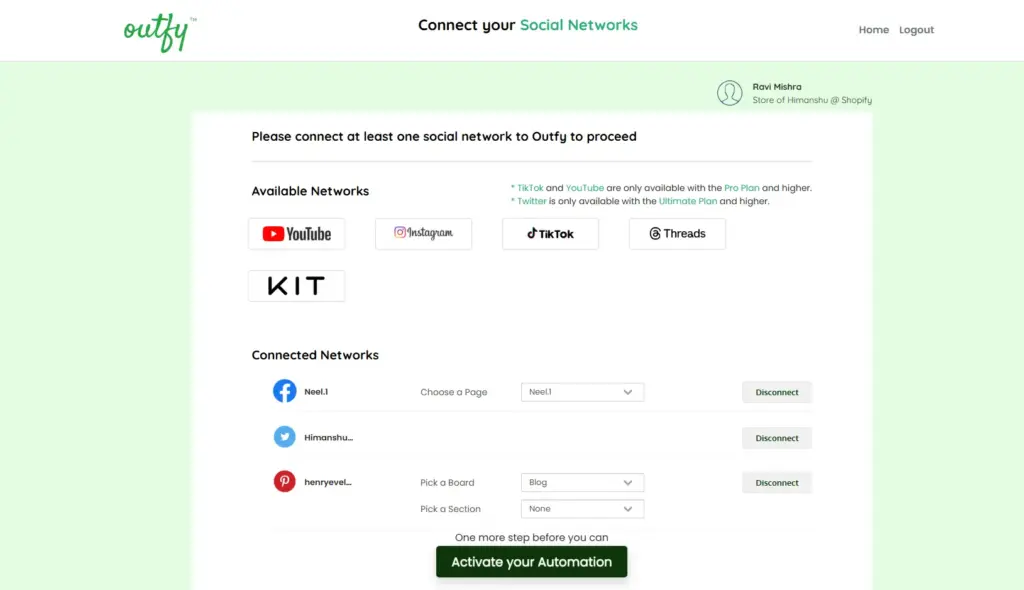 Outfy Network Page
