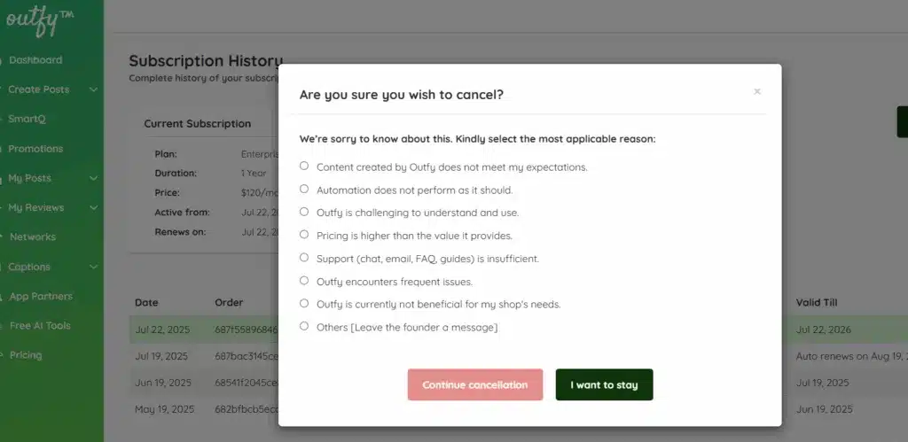 Reason for cancelling