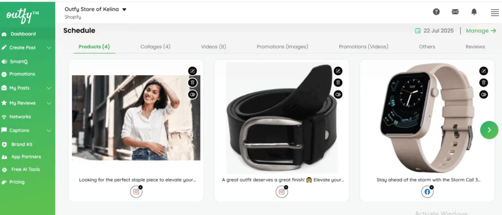 Schedule section on dashboard