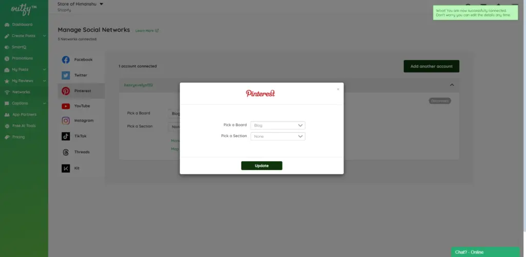 Select Pinterest Board annd Section