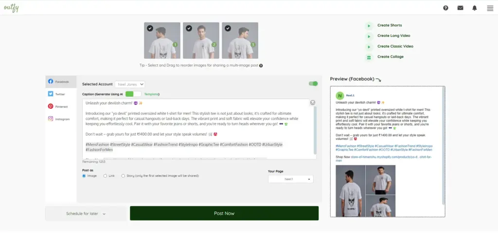Share Product image as a Post on Facebook through Outfy