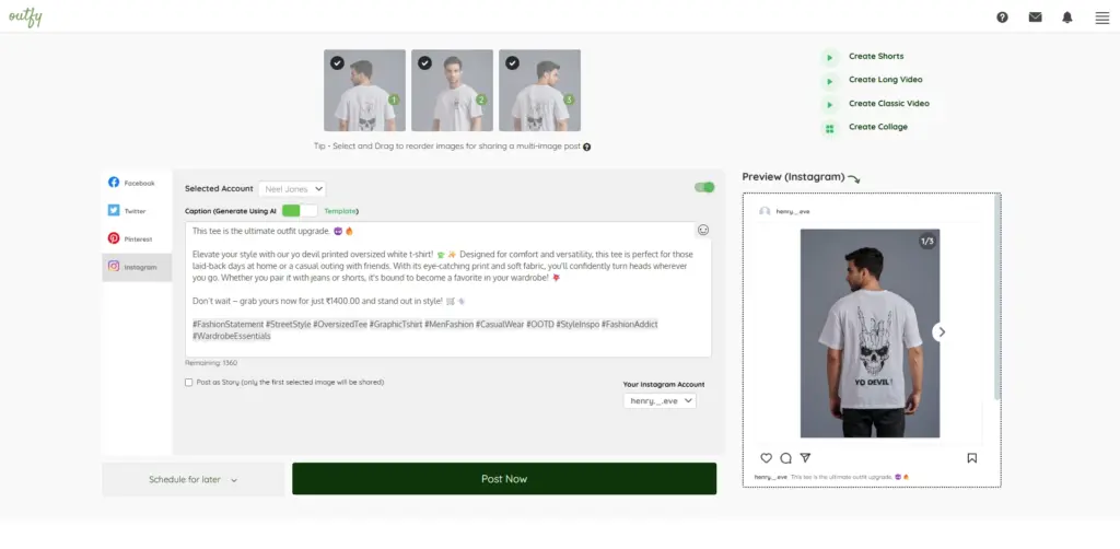 Share product image on Instagram through Outfy