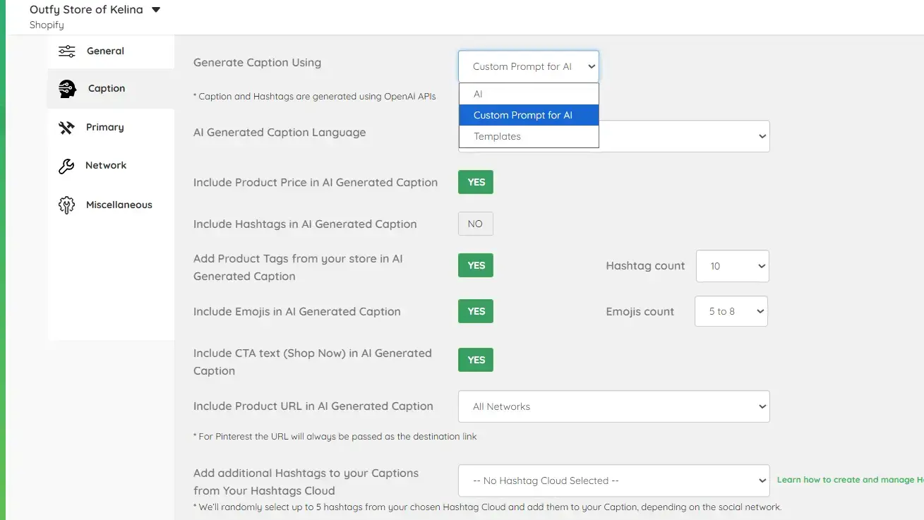 Captions settings