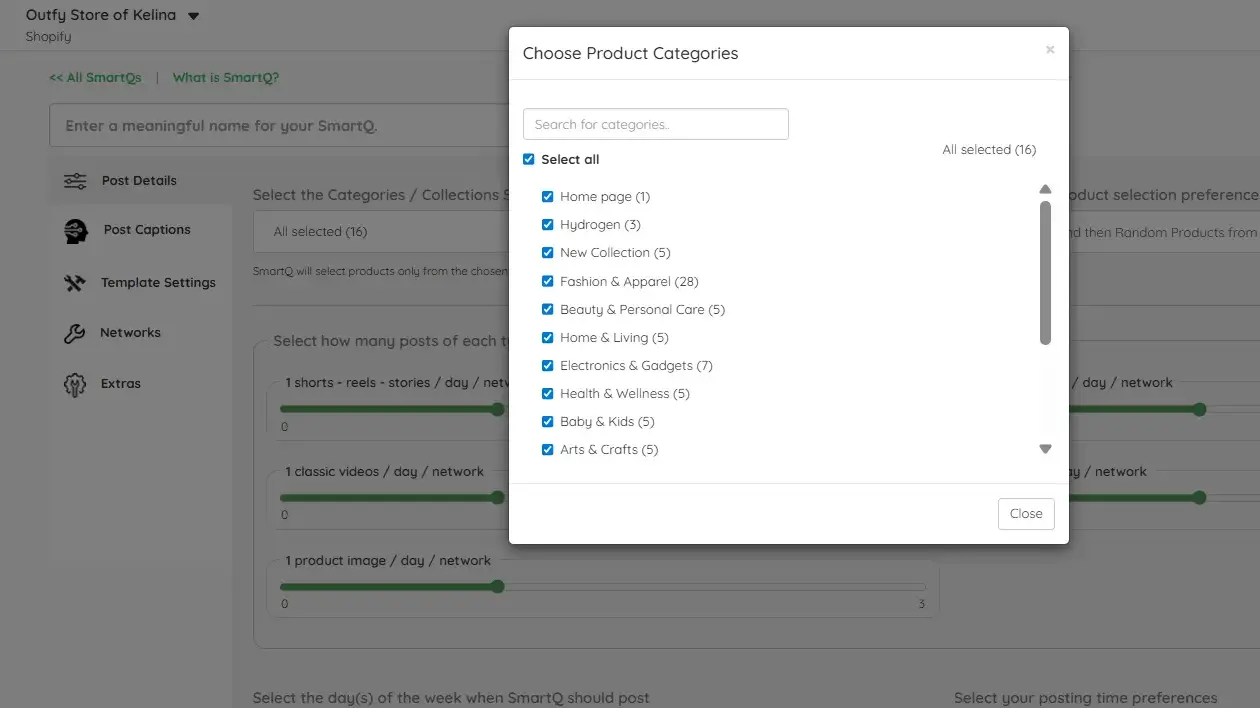 Categories selection